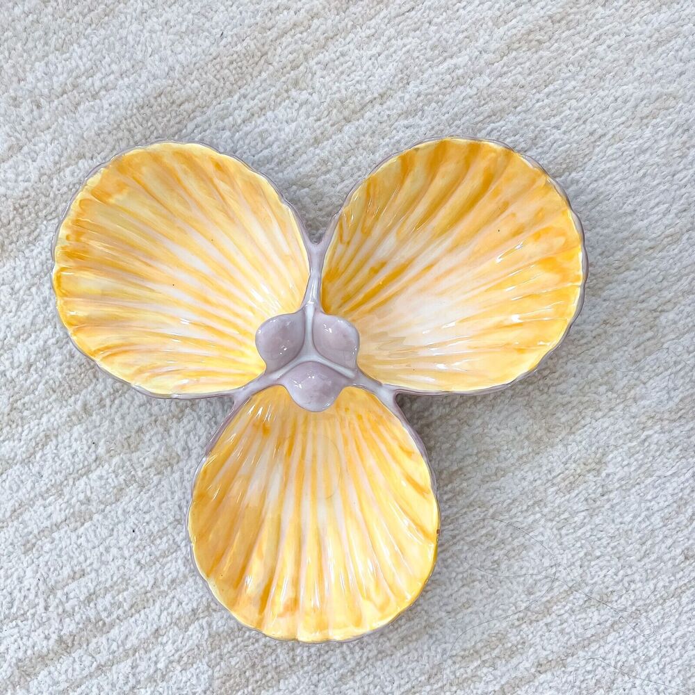 Stangl 12in Yellow Purple Triple Three 3 Shell Serving Nut Dip Dish Vintage